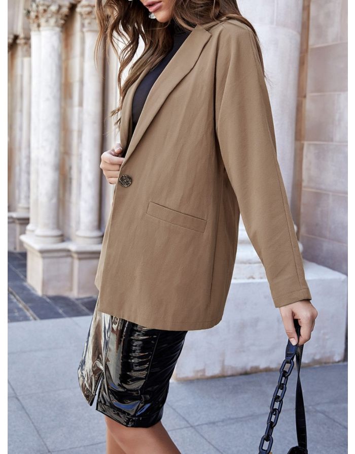 Fall New Women Lapel Long Sleeve Blazer One Button Pockets Loose Casual Coat