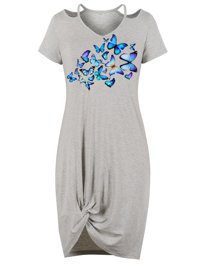 Cold Shoulder Short Sleeve V-Neck Butterflies Printed Irregular Short Casual Summer Dress